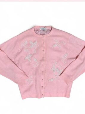 Vintage Pink Beaded Lambswool Angora Sweater S/M Grandmacore